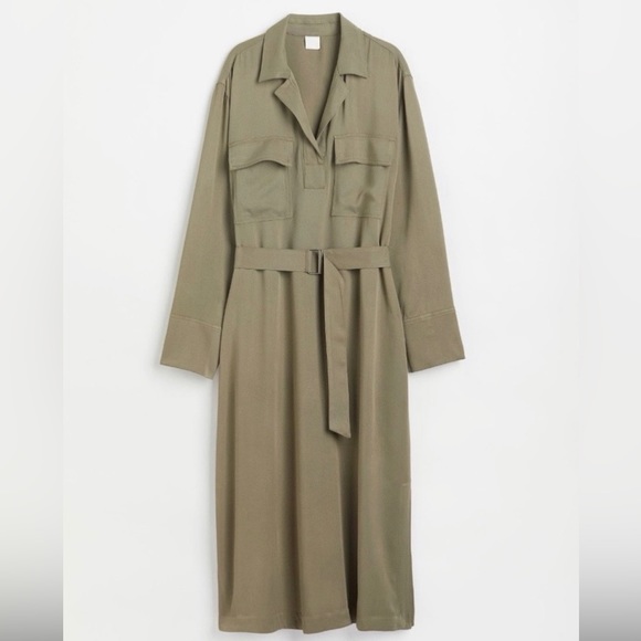 H&M Dresses New With Tags Olive Green Hm Xxl Belted Collared Midi